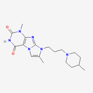 molecular formula C18H26N6O2 B2515122 1,7-dimethyl-8-(3-(4-methylpiperidin-1-yl)propyl)-1H-imidazo[2,1-f]purine-2,4(3H,8H)-dione CAS No. 923129-25-3