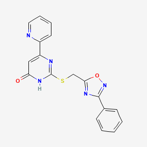 molecular formula C18H13N5O2S B2515153 2-{[(3-Phenyl-1,2,4-oxadiazol-5-yl)methyl]sulfanyl}-6-(2-pyridyl)-4-pyrimidinol CAS No. 1021256-03-0