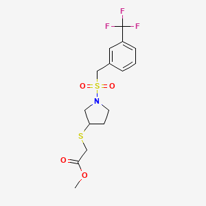 molecular formula C15H18F3NO4S2 B2515174 Methyl 2-((1-((3-(trifluoromethyl)benzyl)sulfonyl)pyrrolidin-3-yl)thio)acetate CAS No. 2034578-80-6