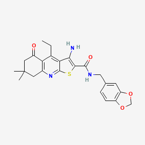 molecular formula C24H25N3O4S B2515252 3-amino-N-(1,3-benzodioxol-5-ylmethyl)-4-ethyl-7,7-dimethyl-5-oxo-6,8-dihydrothieno[2,3-b]quinoline-2-carboxamide CAS No. 670271-39-3