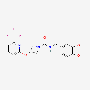 molecular formula C18H16F3N3O4 B2515277 N-(benzo[d][1,3]dioxol-5-ylmethyl)-3-((6-(trifluoromethyl)pyridin-2-yl)oxy)azetidine-1-carboxamide CAS No. 2034454-95-8