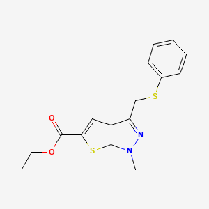 molecular formula C16H16N2O2S2 B2515370 ethyl 1-methyl-3-[(phenylsulfanyl)methyl]-1H-thieno[2,3-c]pyrazole-5-carboxylate CAS No. 400087-17-4