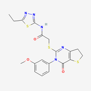 molecular formula C19H19N5O3S3 B2515463 N-(5-ethyl-1,3,4-thiadiazol-2-yl)-2-((3-(3-methoxyphenyl)-4-oxo-3,4,6,7-tetrahydrothieno[3,2-d]pyrimidin-2-yl)thio)acetamide CAS No. 877655-71-5