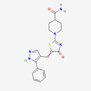 molecular formula C19H19N5O2S B2515487 1-{4-氧代-5-[(3-苯基-1H-吡唑-4-基)亚甲基]-4,5-二氢-1,3-噻唑-2-基}哌啶-4-甲酰胺 CAS No. 1018011-92-1