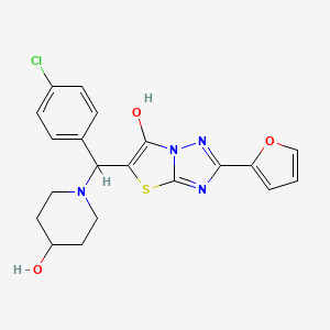 molecular formula C20H19ClN4O3S B2515678 5-((4-Chlorophenyl)(4-hydroxypiperidin-1-yl)methyl)-2-(furan-2-yl)thiazolo[3,2-b][1,2,4]triazol-6-ol CAS No. 887220-79-3