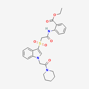 molecular formula C26H29N3O6S B2515729 2-(2-((1-(2-氧代-2-(哌啶-1-基)乙基)-1H-吲哚-3-基)磺酰基)乙酰氨基)苯甲酸乙酯 CAS No. 878057-36-4