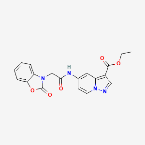 molecular formula C19H16N4O5 B2515801 5-(2-(2-氧代苯并[d]恶唑-3(2H)-基)乙酰氨基)吡唑并[1,5-a]吡啶-3-羧酸乙酯 CAS No. 1421583-96-1