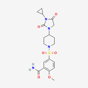 molecular formula C19H24N4O6S B2515953 5-{[4-(3-环丙基-2,4-二氧代咪唑烷-1-基)哌啶-1-基]磺酰基}-2-甲氧基苯甲酰胺 CAS No. 2097892-40-3