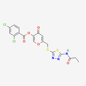 molecular formula C18H13Cl2N3O5S2 B2515973 4-oxo-6-(((5-propionamido-1,3,4-thiadiazol-2-yl)thio)methyl)-4H-pyran-3-yl 2,4-dichlorobenzoate CAS No. 896018-80-7