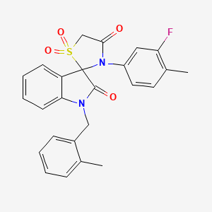 molecular formula C25H21FN2O4S B2516001 3'-(3-Fluoro-4-methylphenyl)-1-(2-methylbenzyl)spiro[indoline-3,2'-thiazolidine]-2,4'-dione 1',1'-dioxide CAS No. 941882-20-8