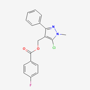 molecular formula C18H14ClFN2O2 B2516128 (5-chloro-1-methyl-3-phenyl-1H-pyrazol-4-yl)methyl 4-fluorobenzenecarboxylate CAS No. 318234-23-0