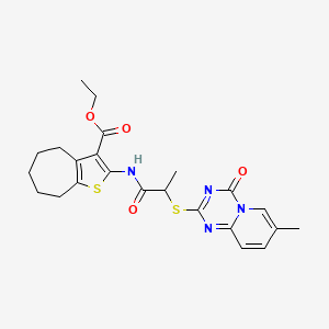 molecular formula C23H26N4O4S2 B2516146 2-(2-((7-metil-4-oxo-4H-pirido[1,2-a][1,3,5]triazin-2-il)tio)propanamido)-5,6,7,8-tetrahidro-4H-ciclohepta[b]tiofeno-3-carboxilato de etilo CAS No. 896322-21-7