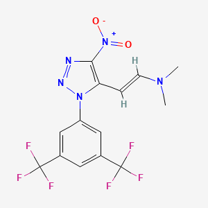 molecular formula C14H11F6N5O2 B2516388 [(E)-2-{1-[3,5-Bis(trifluormethyl)phenyl]-4-nitro-1H-1,2,3-triazol-5-yl}ethenyl]dimethylamin CAS No. 477890-37-2