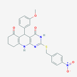 molecular formula C25H22N4O5S B2516400 5-(3-methoxyphenyl)-2-((4-nitrobenzyl)thio)-7,8,9,10-tetrahydropyrimido[4,5-b]quinoline-4,6(3H,5H)-dione CAS No. 537043-45-1