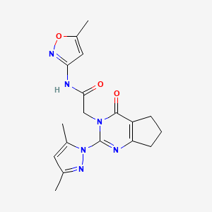 molecular formula C18H20N6O3 B2516401 2-(2-(3,5-dimethyl-1H-pyrazol-1-yl)-4-oxo-4,5,6,7-tetrahydro-3H-cyclopenta[d]pyrimidin-3-yl)-N-(5-methylisoxazol-3-yl)acetamide CAS No. 1007280-35-4