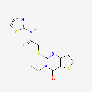 molecular formula C14H16N4O2S3 B2516417 2-((3-ethyl-6-methyl-4-oxo-3,4,6,7-tetrahydrothieno[3,2-d]pyrimidin-2-yl)thio)-N-(thiazol-2-yl)acetamide CAS No. 851409-56-8
