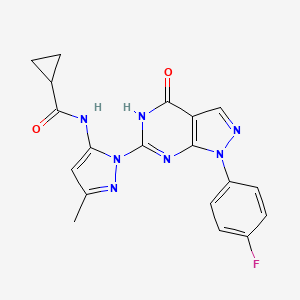 molecular formula C19H16FN7O2 B2516452 N-(1-(1-(4-fluorofenil)-4-oxo-4,5-dihidro-1H-pirazolo[3,4-d]pirimidin-6-il)-3-metil-1H-pirazolo-5-il)ciclopropanocarboxamida CAS No. 1019098-38-4