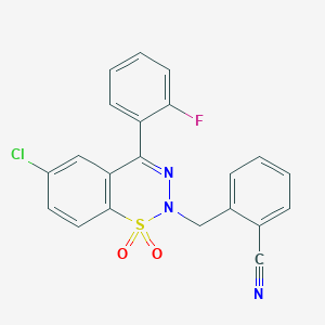molecular formula C21H13ClFN3O2S B2516464 2-((6-chloro-4-(2-fluorophenyl)-1,1-dioxido-2H-benzo[e][1,2,3]thiadiazin-2-yl)methyl)benzonitrile CAS No. 1448065-25-5