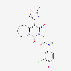 molecular formula C20H19ClFN5O4 B2516499 N-(3-chloro-4-fluorophenyl)-2-[4-(5-methyl-1,2,4-oxadiazol-3-yl)-1,3-dioxo-3,5,6,7,8,9-hexahydropyrimido[1,6-a]azepin-2(1H)-yl]acetamide CAS No. 1775354-26-1