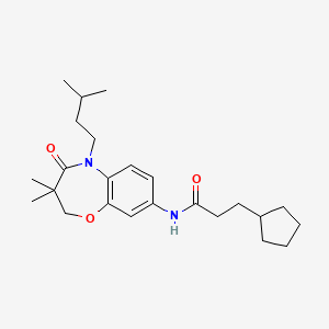 molecular formula C24H36N2O3 B2516512 3-cyclopentyl-N-(5-isopentyl-3,3-dimethyl-4-oxo-2,3,4,5-tetrahydrobenzo[b][1,4]oxazepin-8-yl)propanamide CAS No. 921835-60-1