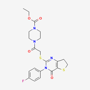 molecular formula C21H23FN4O4S2 B2516591 Ethyl 4-(2-((3-(4-fluorophenyl)-4-oxo-3,4,6,7-tetrahydrothieno[3,2-d]pyrimidin-2-yl)thio)acetyl)piperazine-1-carboxylate CAS No. 362501-50-6