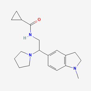 molecular formula C19H27N3O B2516622 N-(2-(1-methylindolin-5-yl)-2-(pyrrolidin-1-yl)ethyl)cyclopropanecarboxamide CAS No. 921894-77-1