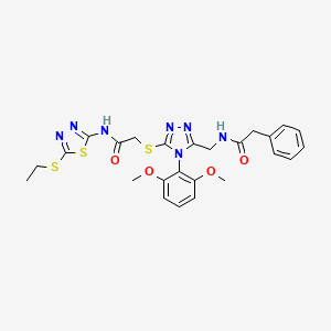 molecular formula C25H27N7O4S3 B2516722 N-[[4-(2,6-dimethoxyphenyl)-5-[2-[(5-ethylsulfanyl-1,3,4-thiadiazol-2-yl)amino]-2-oxoethyl]sulfanyl-1,2,4-triazol-3-yl]methyl]-2-phenylacetamide CAS No. 391950-34-8