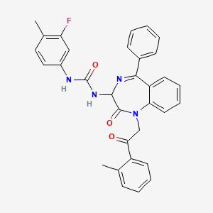 molecular formula C32H27FN4O3 B2516725 N-(2,5-diaza-2-(2-(2-methylphenyl)-2-oxoethyl)-3-oxo-6-phenylbicyclo[5.4.0]undeca-1(7),5,8,10-tetraen-4-yl)((3-fluoro-4-methylphenyl)amino)formamide CAS No. 1796893-89-4