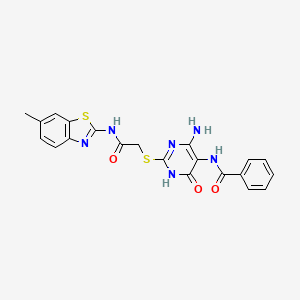 molecular formula C21H18N6O3S2 B2516726 N-(4-amino-2-((2-((6-methylbenzo[d]thiazol-2-yl)amino)-2-oxoethyl)thio)-6-oxo-1,6-dihydropyrimidin-5-yl)benzamide CAS No. 872596-94-6