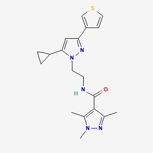 molecular formula C19H23N5OS B2516888 N-(2-(5-环丙基-3-(噻吩-3-基)-1H-吡唑-1-基)乙基)-1,3,5-三甲基-1H-吡唑-4-甲酰胺 CAS No. 2034451-14-2