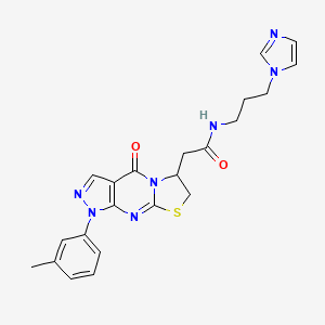 molecular formula C22H23N7O2S B2516968 N-(3-Imidazol-1-ylpropyl)-2-[6-(3-methylphenyl)-2-oxo-10-thia-1,5,6,8-tetrazatricyclo[7.3.0.03,7]dodeca-3(7),4,8-trien-12-yl]acetamide CAS No. 952882-35-8