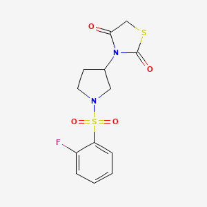 molecular formula C13H13FN2O4S2 B2516981 3-(1-((2-Fluorophenyl)sulfonyl)pyrrolidin-3-yl)thiazolidine-2,4-dione CAS No. 1787881-41-7