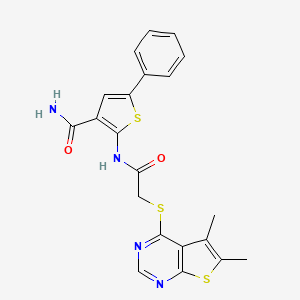 molecular formula C21H18N4O2S3 B2516999 2-(2-((5,6-Dimethylthieno[2,3-d]pyrimidin-4-yl)thio)acetamido)-5-phenylthiophene-3-carboxamide CAS No. 315709-38-7