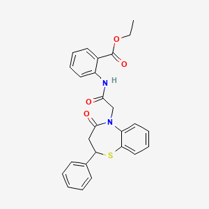 molecular formula C26H24N2O4S B2517022 ethyl 2-(2-(4-oxo-2-phenyl-3,4-dihydrobenzo[b][1,4]thiazepin-5(2H)-yl)acetamido)benzoate CAS No. 847486-14-0
