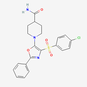 molecular formula C21H20ClN3O4S B2517089 1-(4-((4-Chlorophenyl)sulfonyl)-2-phenyloxazol-5-yl)piperidine-4-carboxamide CAS No. 862763-56-2
