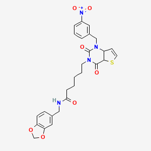 molecular formula C27H26N4O7S B2517131 N-[(2H-1,3-benzodioxol-5-yl)methyl]-6-{1-[(3-nitrophenyl)methyl]-2,4-dioxo-1H,2H,3H,4H-thieno[3,2-d]pyrimidin-3-yl}hexanamide CAS No. 912799-86-1
