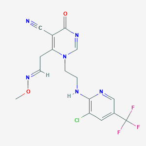 molecular formula C16H14ClF3N6O2 B2517133 1-(2-{[3-Chloro-5-(trifluoromethyl)-2-pyridinyl]amino}ethyl)-6-[2-(methoxyimino)ethyl]-4-oxo-1,4-dihydro-5-pyrimidinecarbonitrile CAS No. 303148-49-4