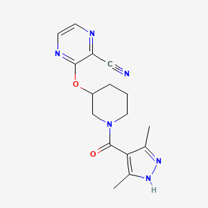 molecular formula C16H18N6O2 B2517190 3-((1-(3,5-二甲基-1H-吡唑-4-羰基)哌啶-3-基)氧基)吡嗪-2-腈 CAS No. 2034200-85-4