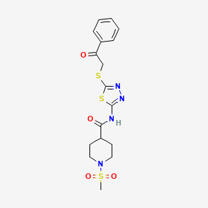 molecular formula C17H20N4O4S3 B2517191 1-(甲基磺酰基)-N-(5-((2-氧代-2-苯乙基)硫代)-1,3,4-噻二唑-2-基)哌啶-4-甲酰胺 CAS No. 1226428-80-3
