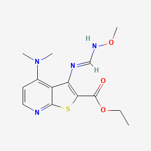 molecular formula C14H18N4O3S B2517211 Ethyl 4-(dimethylamino)-3-{[(methoxyimino)methyl]amino}thieno[2,3-b]pyridine-2-carboxylate CAS No. 341967-24-6