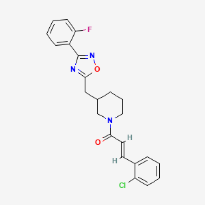 molecular formula C23H21ClFN3O2 B2517213 (E)-3-(2-chlorophenyl)-1-(3-((3-(2-fluorophenyl)-1,2,4-oxadiazol-5-yl)methyl)piperidin-1-yl)prop-2-en-1-one CAS No. 2035003-91-7
