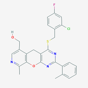(7-{[(2-Chloro-4-fluorophenyl)methyl]sulfanyl}-14-methyl-5-(2-methylphenyl)-2-oxa-4,6,13-triazatricyclo[8.4.0.0^{3,8}]tetradeca-1(10),3(8),4,6,11,13-hexaen-11-yl)methanol