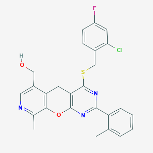 molecular formula C26H21ClFN3O2S B2517351 (7-{[(2-Chloro-4-fluorophenyl)methyl]sulfanyl}-14-methyl-5-(2-methylphenyl)-2-oxa-4,6,13-triazatricyclo[8.4.0.0^{3,8}]tetradeca-1(10),3(8),4,6,11,13-hexaen-11-yl)methanol CAS No. 892416-22-7