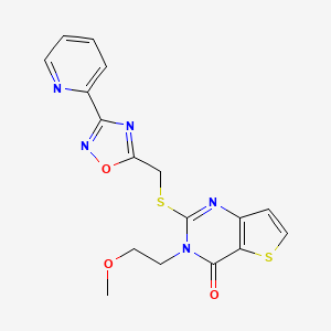 molecular formula C17H15N5O3S2 B2517361 3-(2-甲氧基乙基)-2-{[(3-吡啶-2-基-1,2,4-恶二唑-5-基)甲基]硫代}噻吩并[3,2-d]嘧啶-4(3H)-酮 CAS No. 1223757-87-6