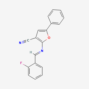 molecular formula C18H11FN2O B2517503 2-{[(E)-(2-fluorophenyl)methylidene]amino}-5-phenyl-3-furonitrile CAS No. 478033-30-6
