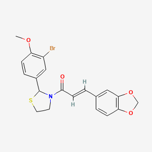 molecular formula C20H18BrNO4S B2517508 (E)-3-(benzo[d][1,3]dioxol-5-yl)-1-(2-(3-bromo-4-methoxyphenyl)thiazolidin-3-yl)prop-2-en-1-one CAS No. 2321336-14-3