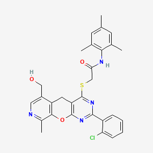 2-((2-(2-chlorophenyl)-6-(hydroxymethyl)-9-methyl-5H-pyrido[4',3':5,6]pyrano[2,3-d]pyrimidin-4-yl)thio)-N-mesitylacetamide