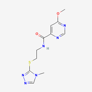 molecular formula C11H14N6O2S B2517526 6-methoxy-N-(2-((4-methyl-4H-1,2,4-triazol-3-yl)thio)ethyl)pyrimidine-4-carboxamide CAS No. 2034226-83-8
