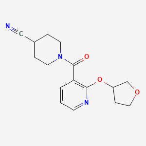 molecular formula C16H19N3O3 B2517547 1-(2-((Tetrahydrofuran-3-yl)oxy)nicotinoyl)piperidine-4-carbonitrile CAS No. 2034299-47-1