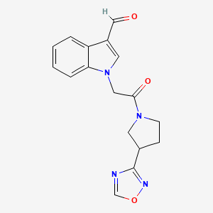 molecular formula C17H16N4O3 B2517646 1-[2-[3-(1,2,4-Oxadiazol-3-yl)pyrrolidin-1-yl]-2-oxoethyl]indole-3-carbaldehyde CAS No. 2224284-00-6